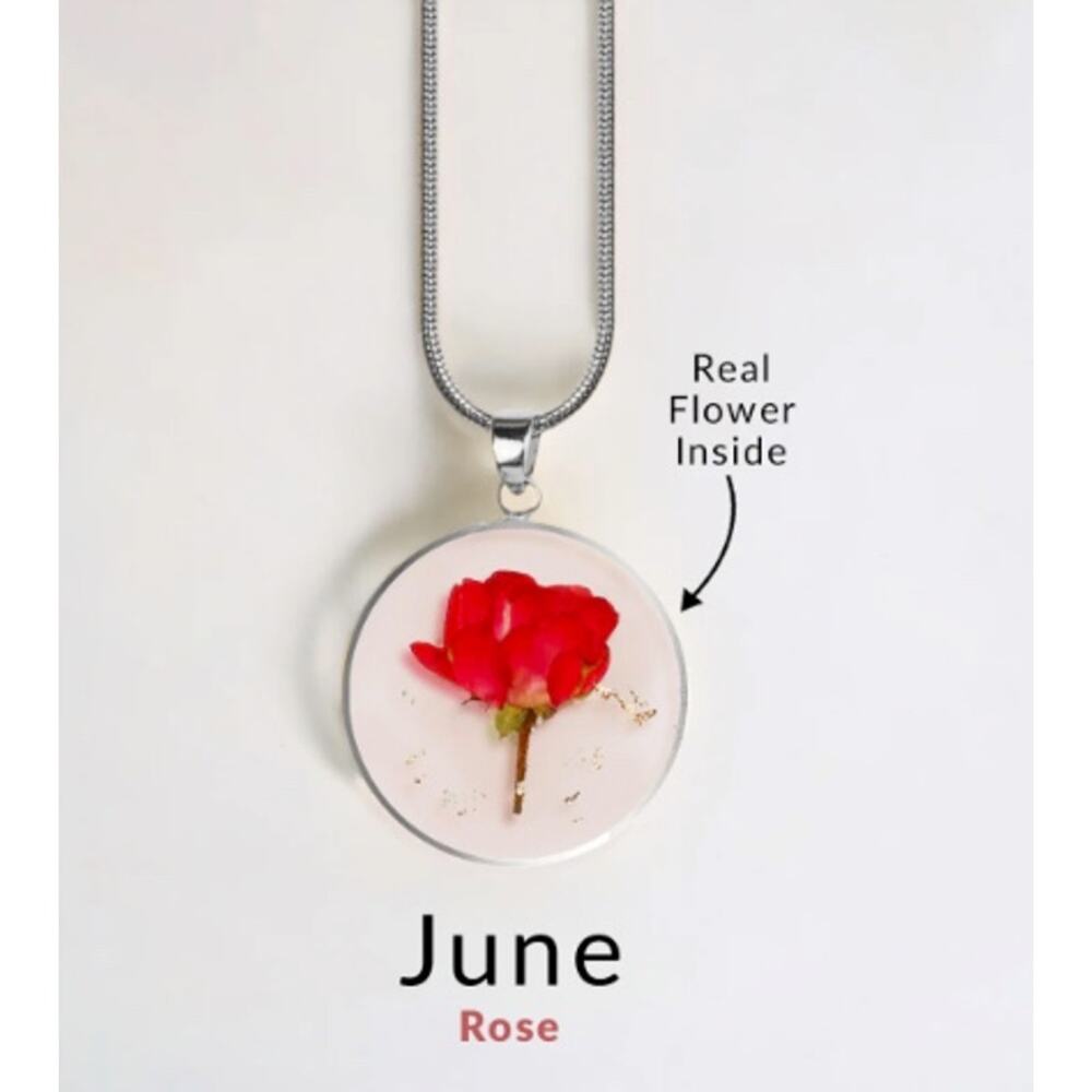 Mint & Lilly Pressed Birth Flower Necklace*June*Rose*Silver